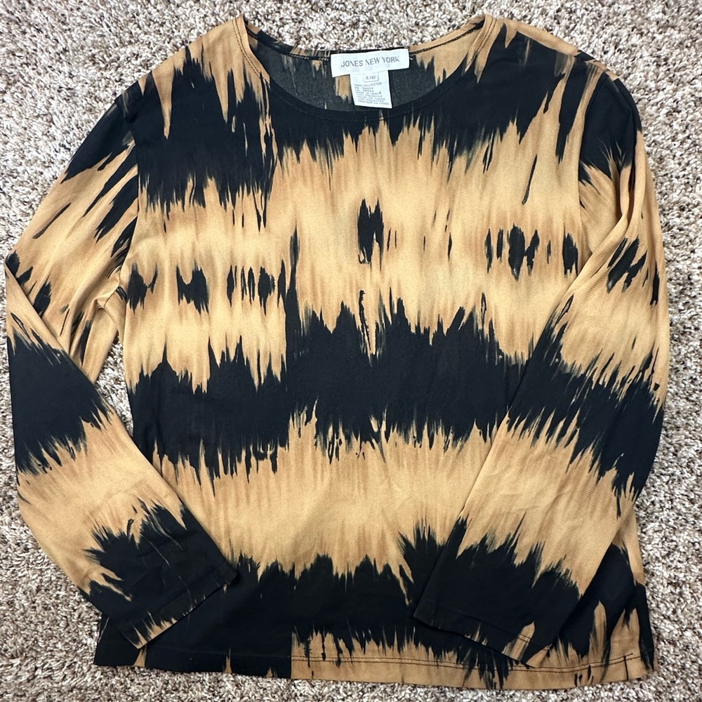 Jones New York Vintage Animal Print Black/Tan/Brown Sheer Top Large 3/4 Sleeves